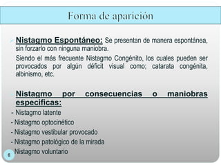  Nistagmo Espontáneo: Se presentan de manera espontánea,
sin forzarlo con ninguna maniobra.
Siendo el más frecuente Nistagmo Congénito, los cuales pueden ser
provocados por algún déficit visual como; catarata congénita,
albinismo, etc.
 Nistagmo por consecuencias o maniobras
especificas:
- Nistagmo latente
- Nistagmo optocinético
- Nistagmo vestibular provocado
- Nistagmo patológico de la mirada
- Nistagmo voluntario
 