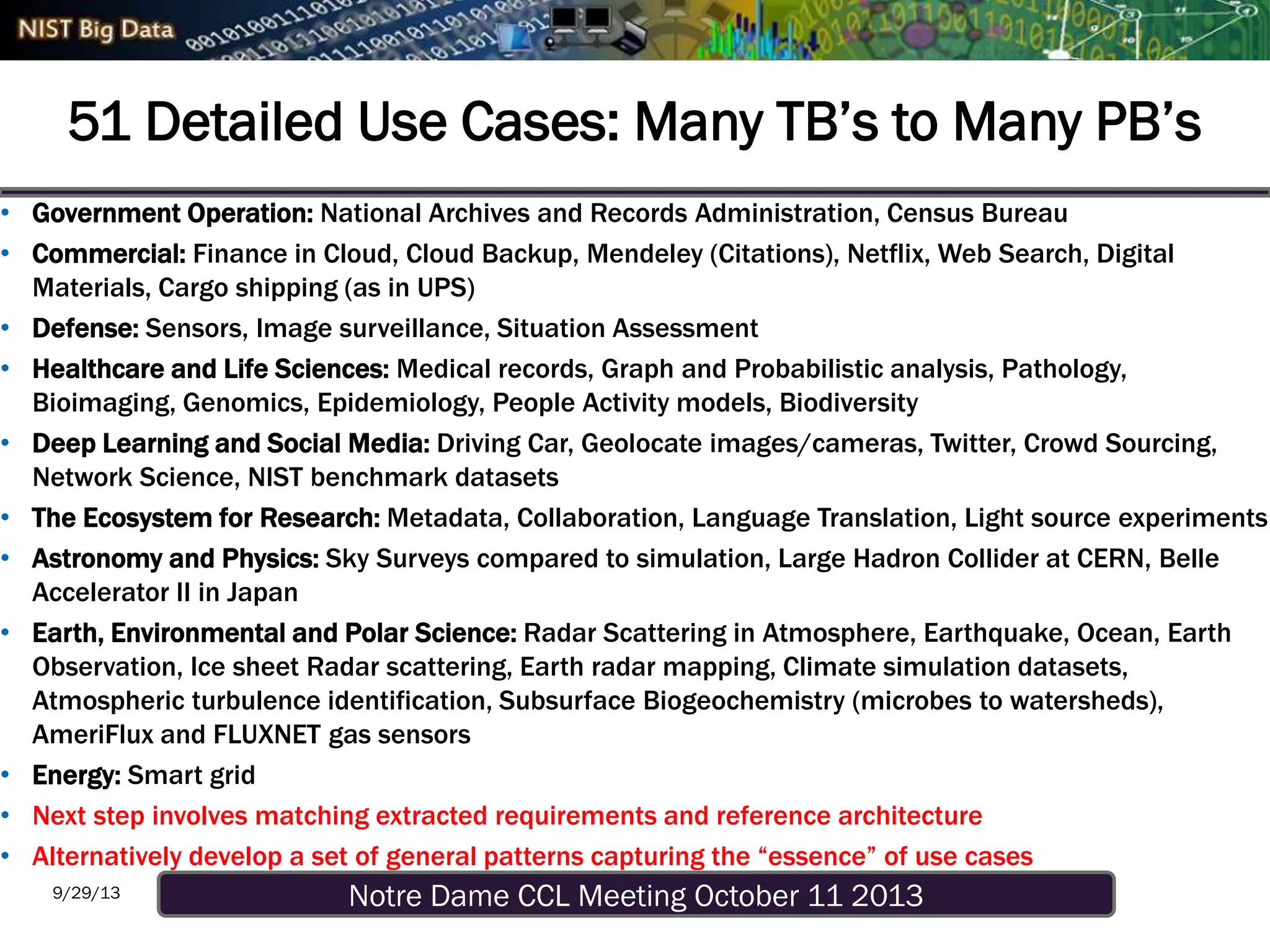Notre Dame CCL Meeting October 11 20139/29/13
51 Detailed Use Cases: Many TB’s to Many PB’s
• Government Operation: National Archives and Records Administration, Census Bureau
• Commercial: Finance in Cloud, Cloud Backup, Mendeley (Citations), Netflix, Web Search, Digital
Materials, Cargo shipping (as in UPS)
• Defense: Sensors, Image surveillance, Situation Assessment
• Healthcare and Life Sciences: Medical records, Graph and Probabilistic analysis, Pathology,
Bioimaging, Genomics, Epidemiology, People Activity models, Biodiversity
• Deep Learning and Social Media: Driving Car, Geolocate images/cameras, Twitter, Crowd Sourcing,
Network Science, NIST benchmark datasets
• The Ecosystem for Research: Metadata, Collaboration, Language Translation, Light source experiments
• Astronomy and Physics: Sky Surveys compared to simulation, Large Hadron Collider at CERN, Belle
Accelerator II in Japan
• Earth, Environmental and Polar Science: Radar Scattering in Atmosphere, Earthquake, Ocean, Earth
Observation, Ice sheet Radar scattering, Earth radar mapping, Climate simulation datasets,
Atmospheric turbulence identification, Subsurface Biogeochemistry (microbes to watersheds),
AmeriFlux and FLUXNET gas sensors
• Energy: Smart grid
• Next step involves matching extracted requirements and reference architecture
• Alternatively develop a set of general patterns capturing the “essence” of use cases
 