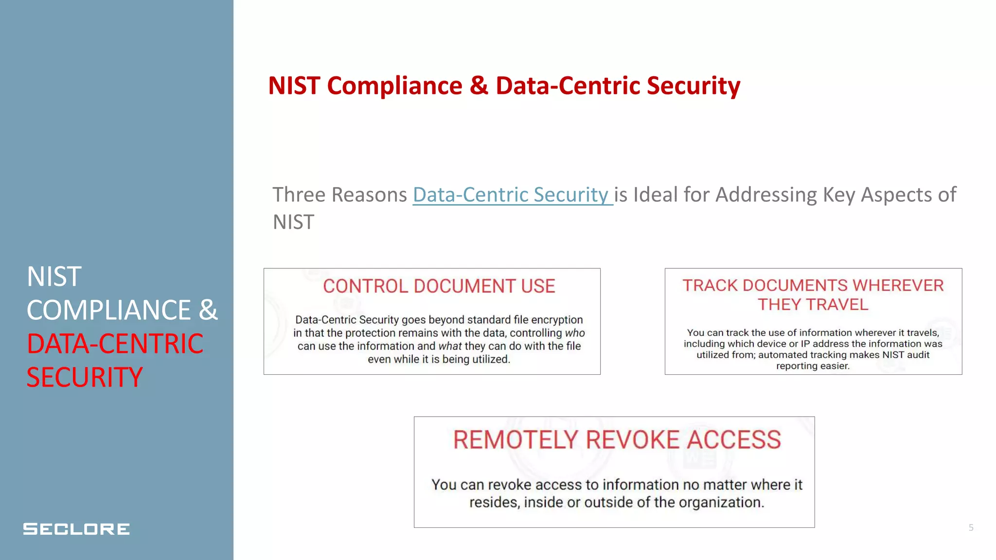 5
NIST
COMPLIANCE &
DATA-CENTRIC
SECURITY
NIST Compliance & Data-Centric Security
Three Reasons Data-Centric Security is Ideal for Addressing Key Aspects of
NIST
 