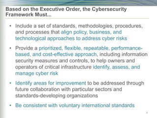 Based on the Executive Order, the Cybersecurity
Framework Must...
• Include a set of standards, methodologies, procedures,
and processes that align policy, business, and
technological approaches to address cyber risks
• Provide a prioritized, flexible, repeatable, performance-
based, and cost-effective approach, including information
security measures and controls, to help owners and
operators of critical infrastructure identify, assess, and
manage cyber risk
• Identify areas for improvement to be addressed through
future collaboration with particular sectors and
standards-developing organizations
• Be consistent with voluntary international standards
4
 