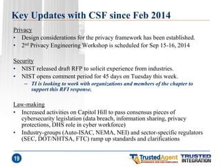 Key Updates with CSF since Feb 2014 
Privacy 
•Design considerations for the privacy framework has been established. 
•2nd Privacy Engineering Workshop is scheduled for Sep 15-16, 2014 
Security 
•NIST released draft RFP to solicit experience from industries. 
•NIST opens comment period for 45 days on Tuesday this week. 
–TI is looking to work with organizations and members of the chapter to support this RFI response. 
Law-making 
•Increased activities on Capitol Hill to pass consensus pieces of cybersecurity legislation (data breach, information sharing, privacy protections, DHS role in cyber workforce) 
•Industry-groups (Auto-ISAC, NEMA, NEI) and sector-specific regulators (SEC, DOT/NHTSA, FTC) ramp up standards and clarifications 
19  