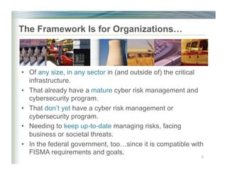 The Framework Is for Organizations…
5
•  Of any size, in any sector in (and outside of) the critical
infrastructure.
•  That already have a mature cyber risk management and
cybersecurity program.
•  That don’t yet have a cyber risk management or
cybersecurity program.
•  Needing to keep up-to-date managing risks, facing
business or societal threats.
•  In the federal government, too…since it is compatible with
FISMA requirements and goals.
 