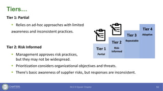 Tiers…
Tier 1: Partial
▪ Relies on ad-hoc approaches with limited
awareness and inconsistent practices.
Tier 2: Risk Informed
▪ Management approves risk practices,
but they may not be widespread.
▪ Prioritization considers organizational objectives and threats.
▪ There's basic awareness of supplier risks, but responses are inconsistent.
 
