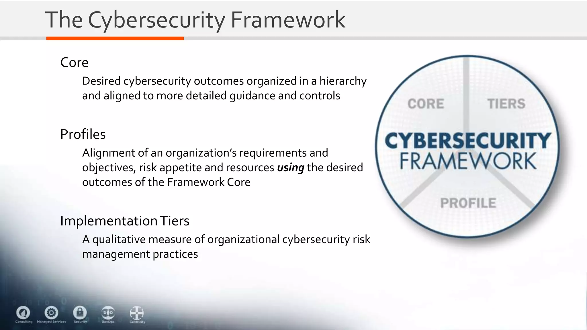 The Cybersecurity Framework
Core
Desired cybersecurity outcomes organized in a hierarchy
and aligned to more detailed guidance and controls
Profiles
Alignment of an organization’s requirements and
objectives, risk appetite and resources using the desired
outcomes of the Framework Core
ImplementationTiers
A qualitative measure of organizational cybersecurity risk
management practices
 