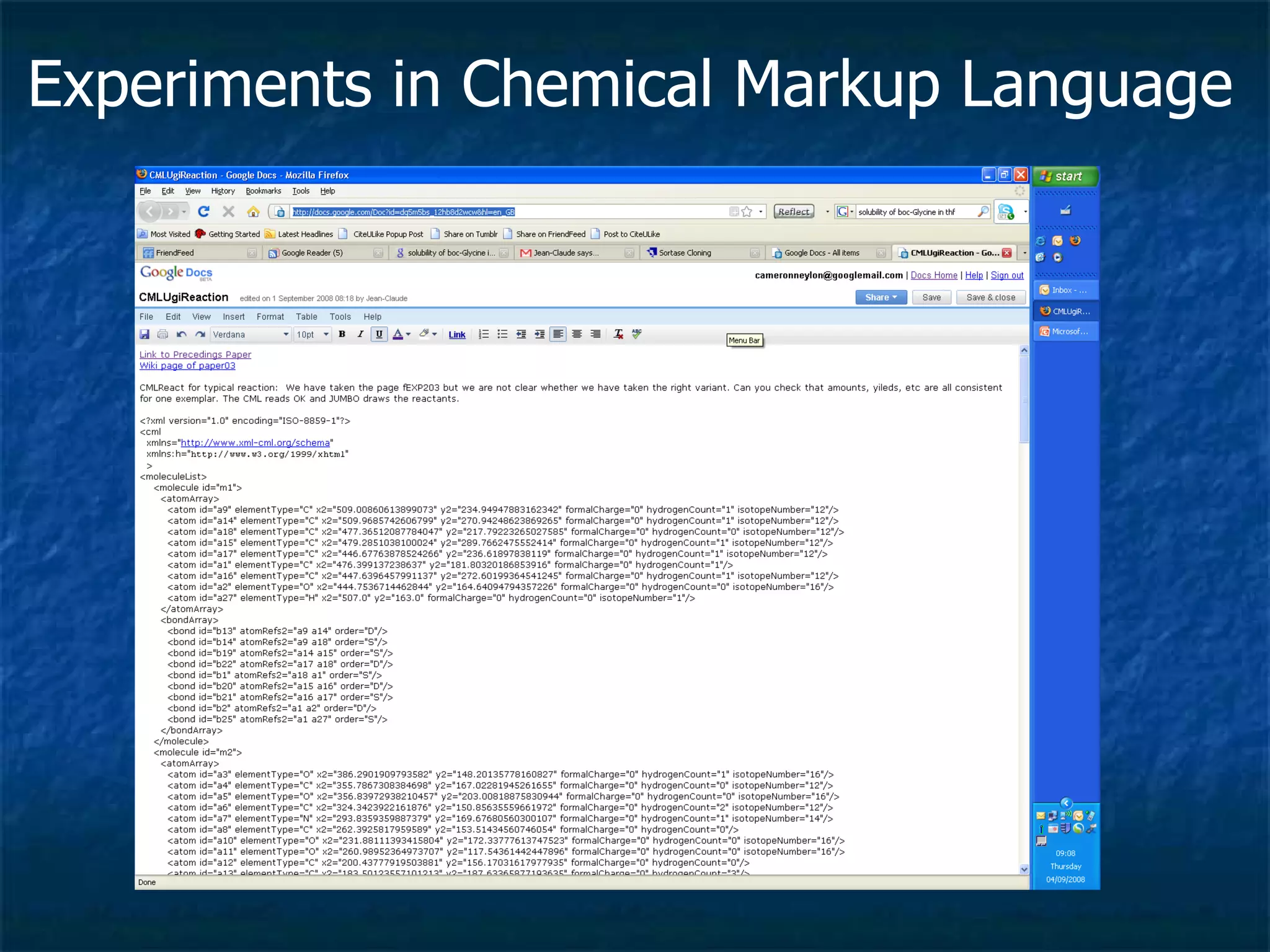 Experiments in Chemical Markup Language 