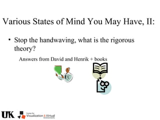 • Stop the handwaving, what is the rigorous
theory?
Answers from David and Henrik + books
Various States of Mind You May Have, II:
 