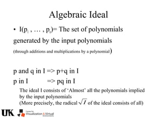 Algebraic Ideal
• I(p1 , … , pn)= The set of polynomials
generated by the input polynomials
(through additions and multiplications by a polynomial)
p and q in I => p+q in I
p in I => pq in I
The ideal I consists of ‘Almost’ all the polynomials implied
by the input polynomials
(More precisely, the radical of the ideal consists of all)I
 