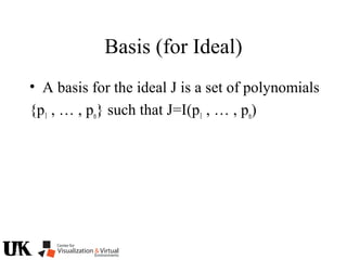 Basis (for Ideal)
• A basis for the ideal J is a set of polynomials
{p1 , … , pn} such that J=I(p1 , … , pn)
 