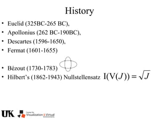 History
• Euclid (325BC-265 BC),
• Apollonius (262 BC-190BC),
• Descartes (1596-1650),
• Fermat (1601-1655)
• Bézout (1730-1783)
• Hilbert’s (1862-1943) Nullstellensatz JJ =))I(V(
 