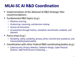 MLAI-SC AI R&D Coordination
▪ Implementation of the National AI R&D Strategic Plan
recommendations
▪ Fundamental R&D topics (e.g.)
• Machine Learning
• AI planning, reasoning, and decision making
• Human-AI interaction
• AI evaluation through metrics, standards, benchmarks, testbeds, and
datasets
▪ Focus areas (e.g.)
• Reliability, safety, scalability, privacy, ethics, harmful bias avoidance, and
interpretability/explainability
▪ Coordination with other Federal R&D coordinating bodies (e.g.)
• Cybersecurity, Privacy, Robotics, Software Design, Cyber Physical
Systems, High Performance Computing, ...
15
 