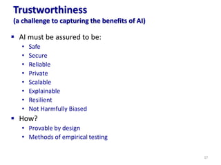 Trustworthiness
(a challenge to capturing the benefits of AI)
▪ AI must be assured to be:
• Safe
• Secure
• Reliable
• Private
• Scalable
• Explainable
• Resilient
• Not Harmfully Biased
▪ How?
• Provable by design
• Methods of empirical testing
17
 
