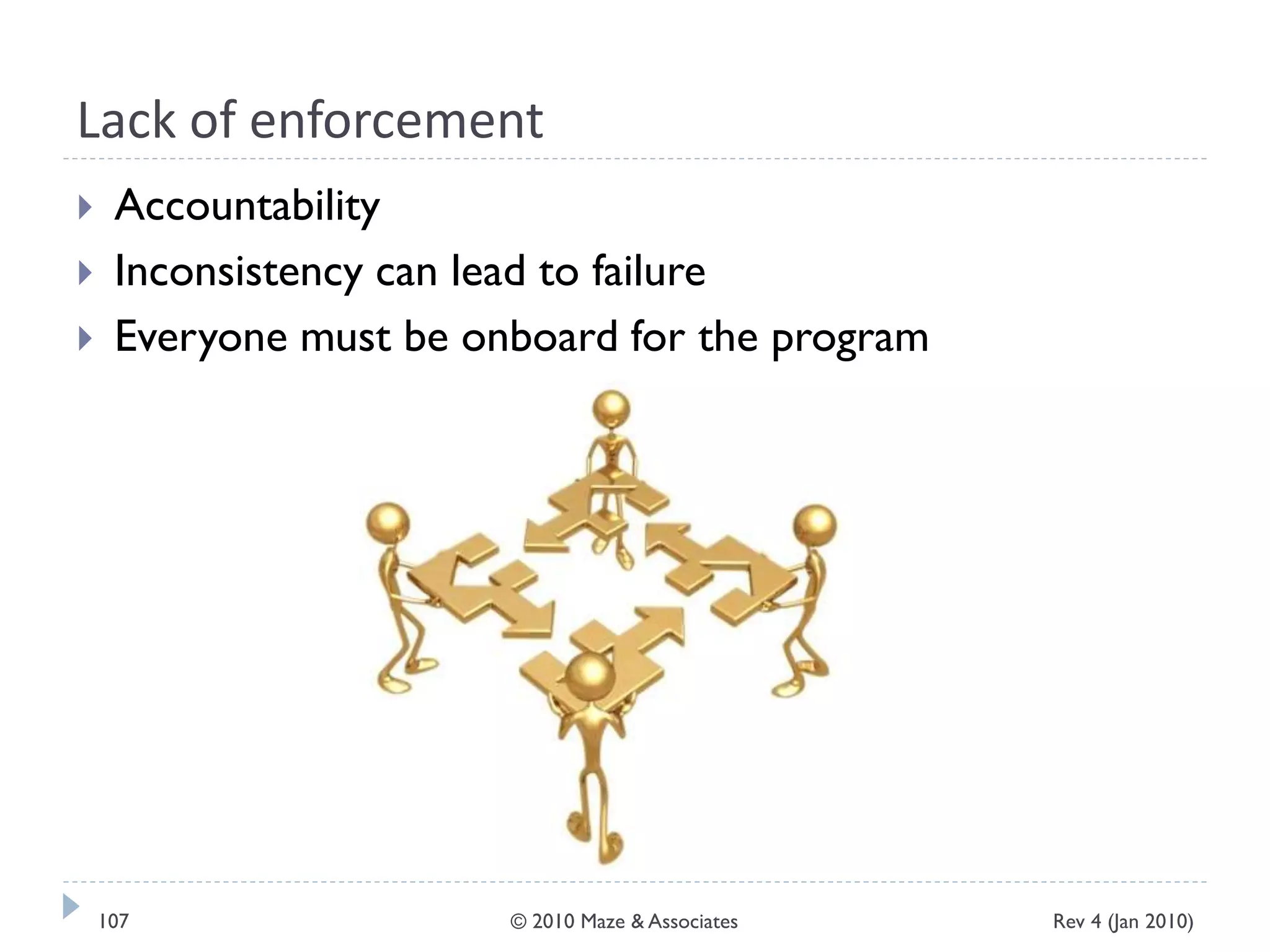 Lack of enforcement
 Accountability
 Inconsistency can lead to failure
 Everyone must be onboard for the program
Rev 4 (Jan 2010)107 © 2010 Maze & Associates
 