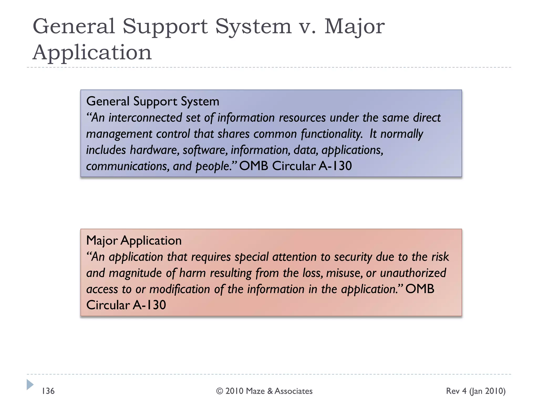 General Support System v. Major
Application
General Support System
“An interconnected set of information resources under the same direct
management control that shares common functionality. It normally
includes hardware, software, information, data, applications,
communications, and people.” OMB Circular A-130
Major Application
“An application that requires special attention to security due to the risk
and magnitude of harm resulting from the loss, misuse, or unauthorized
access to or modification of the information in the application.” OMB
Circular A-130
Rev 4 (Jan 2010)136 © 2010 Maze & Associates
 