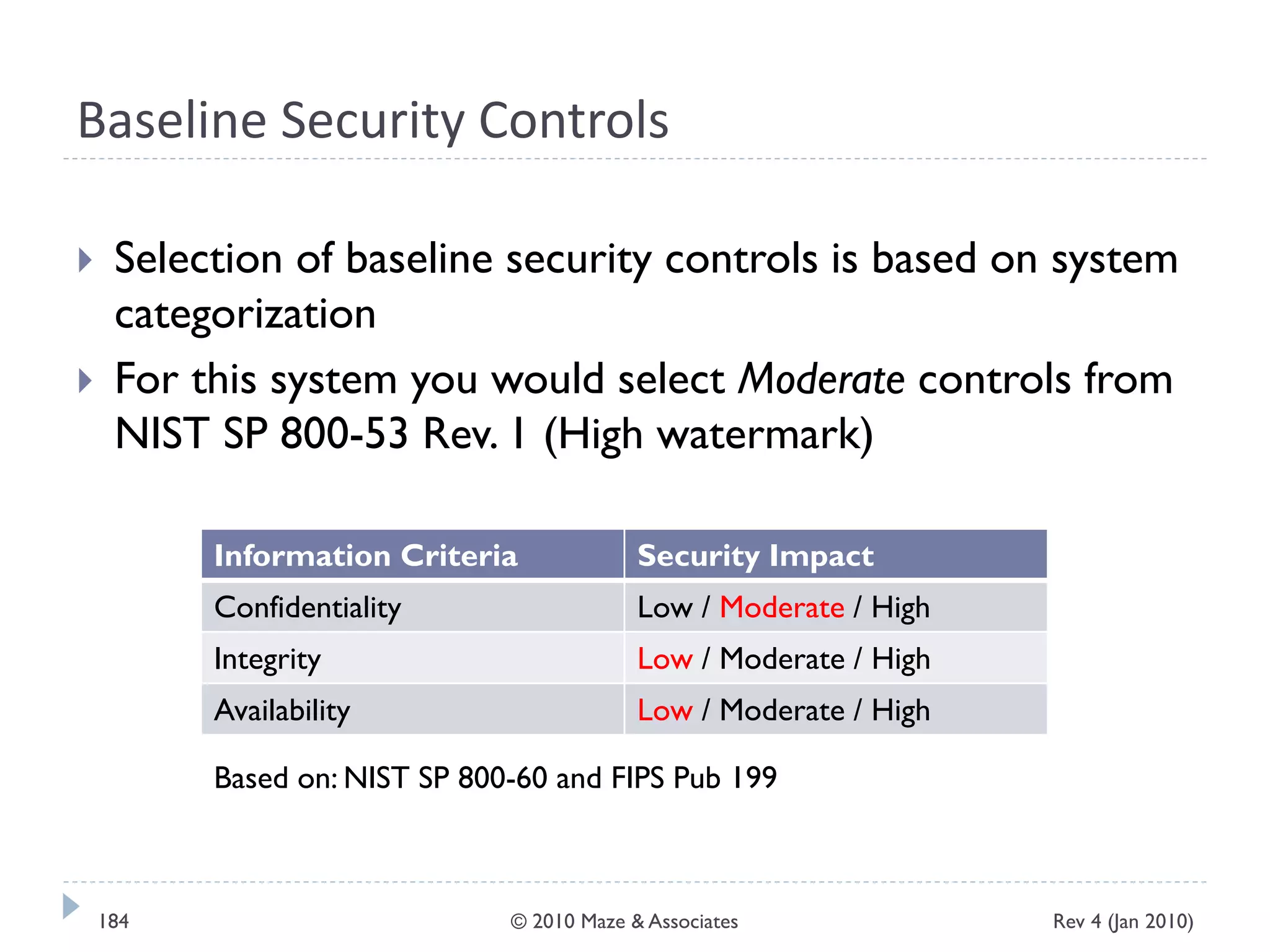 Baseline Security Controls
 Selection of baseline security controls is based on system
categorization
 For this system you would select Moderate controls from
NIST SP 800-53 Rev. 1 (High watermark)
Information Criteria Security Impact
Confidentiality Low / Moderate / High
Integrity Low / Moderate / High
Availability Low / Moderate / High
Based on: NIST SP 800-60 and FIPS Pub 199
Rev 4 (Jan 2010)184 © 2010 Maze & Associates
 