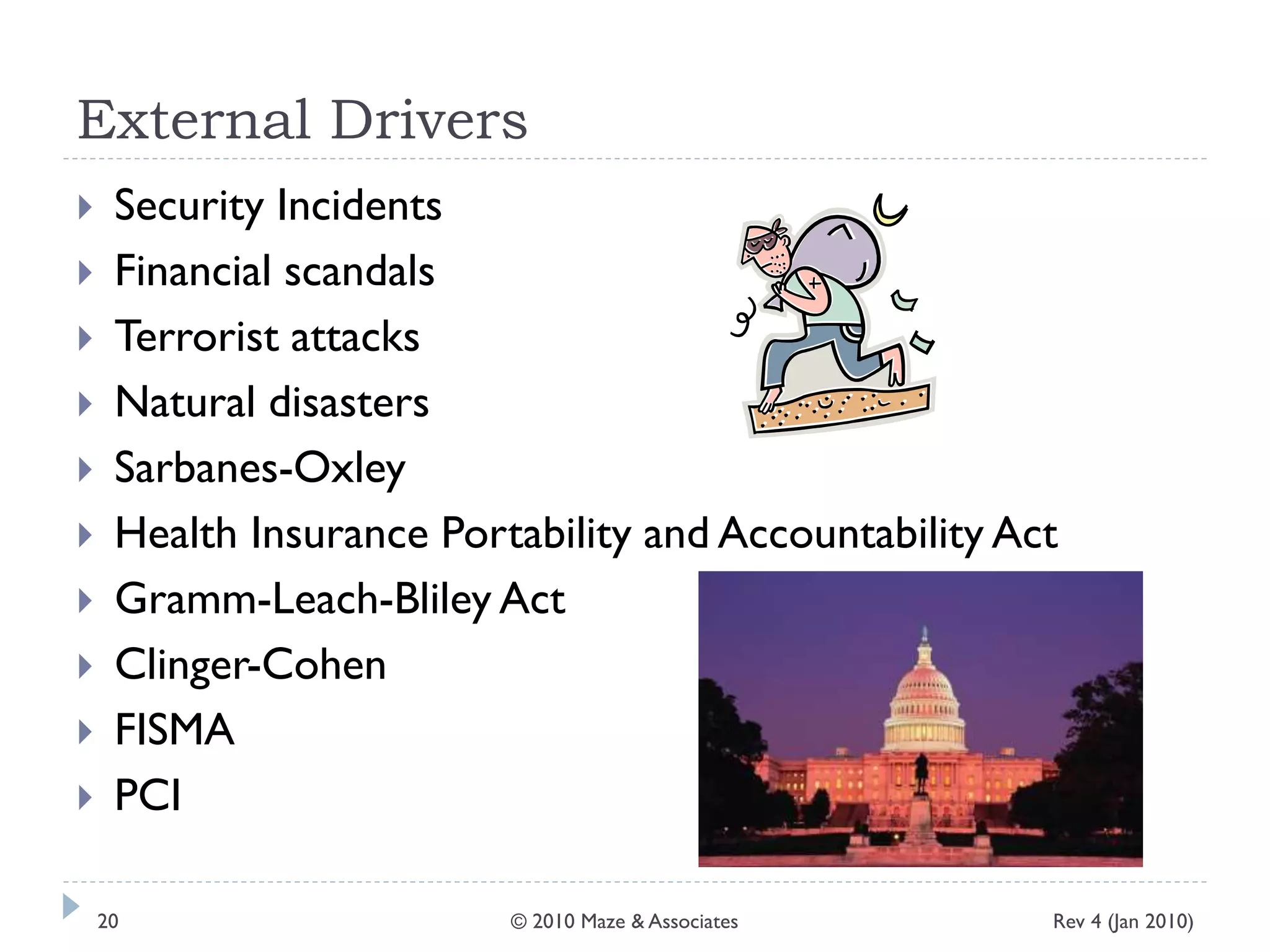 External Drivers
 Security Incidents
 Financial scandals
 Terrorist attacks
 Natural disasters
 Sarbanes-Oxley
 Health Insurance Portability and Accountability Act
 Gramm-Leach-Bliley Act
 Clinger-Cohen
 FISMA
 PCI
Rev 4 (Jan 2010)20 © 2010 Maze & Associates
 