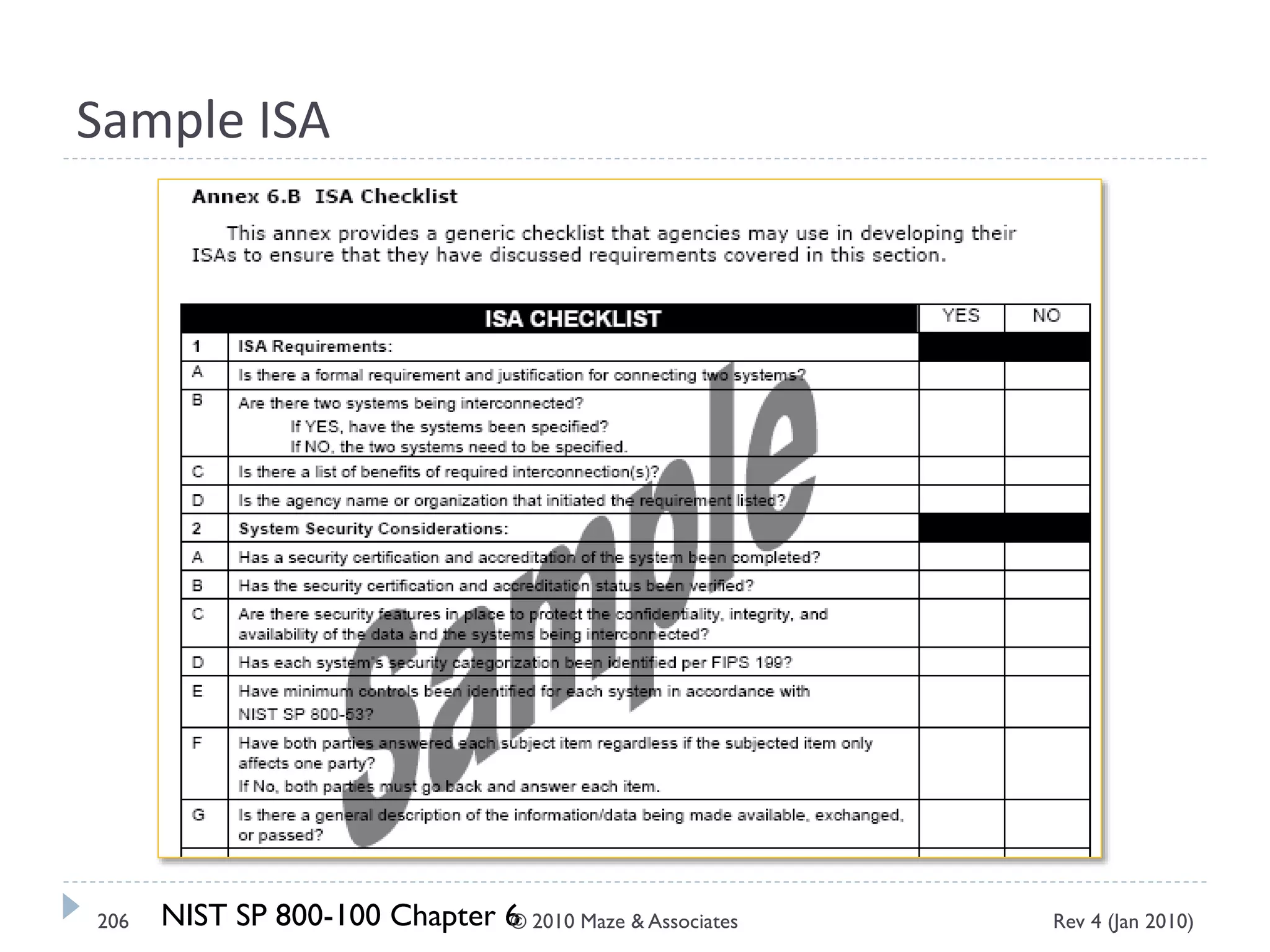 Sample ISA
NIST SP 800-100 Chapter 6 Rev 4 (Jan 2010)206 © 2010 Maze & Associates
 