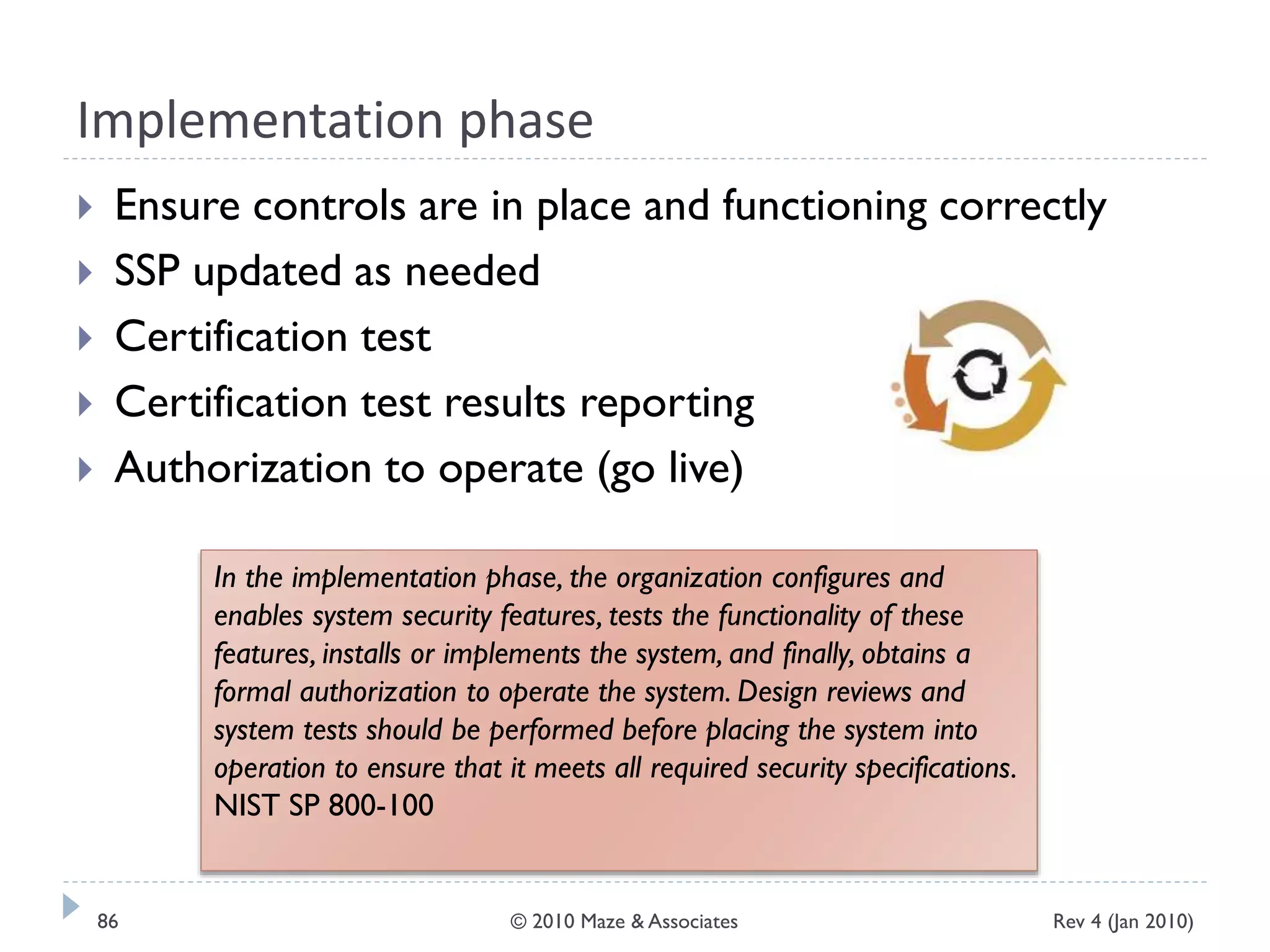 Implementation phase
 Ensure controls are in place and functioning correctly
 SSP updated as needed
 Certification test
 Certification test results reporting
 Authorization to operate (go live)
In the implementation phase, the organization configures and
enables system security features, tests the functionality of these
features, installs or implements the system, and finally, obtains a
formal authorization to operate the system. Design reviews and
system tests should be performed before placing the system into
operation to ensure that it meets all required security specifications.
NIST SP 800-100
Rev 4 (Jan 2010)86 © 2010 Maze & Associates
 