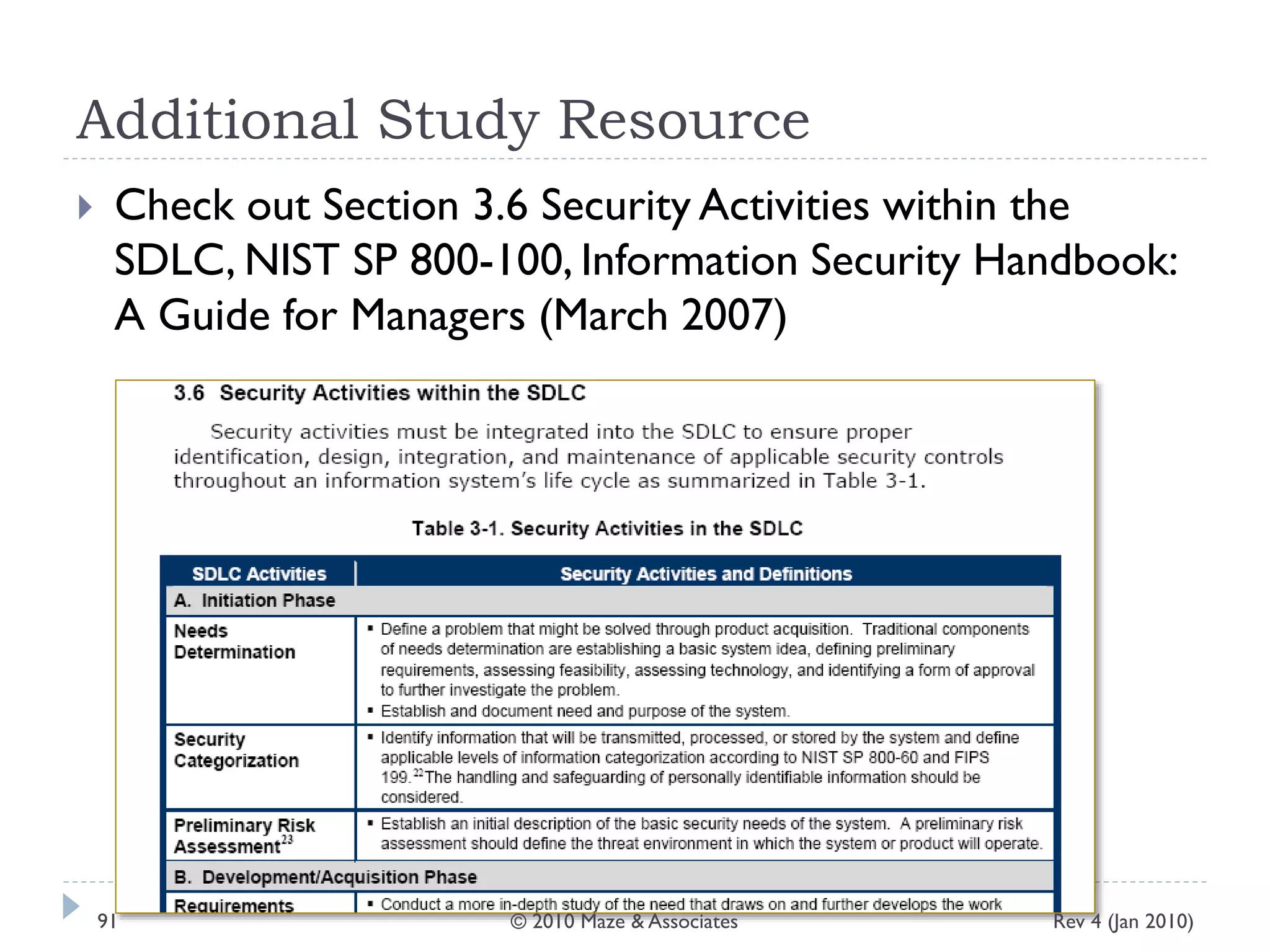 Additional Study Resource
 Check out Section 3.6 Security Activities within the
SDLC, NIST SP 800-100, Information Security Handbook:
A Guide for Managers (March 2007)
Rev 4 (Jan 2010)91 © 2010 Maze & Associates
 