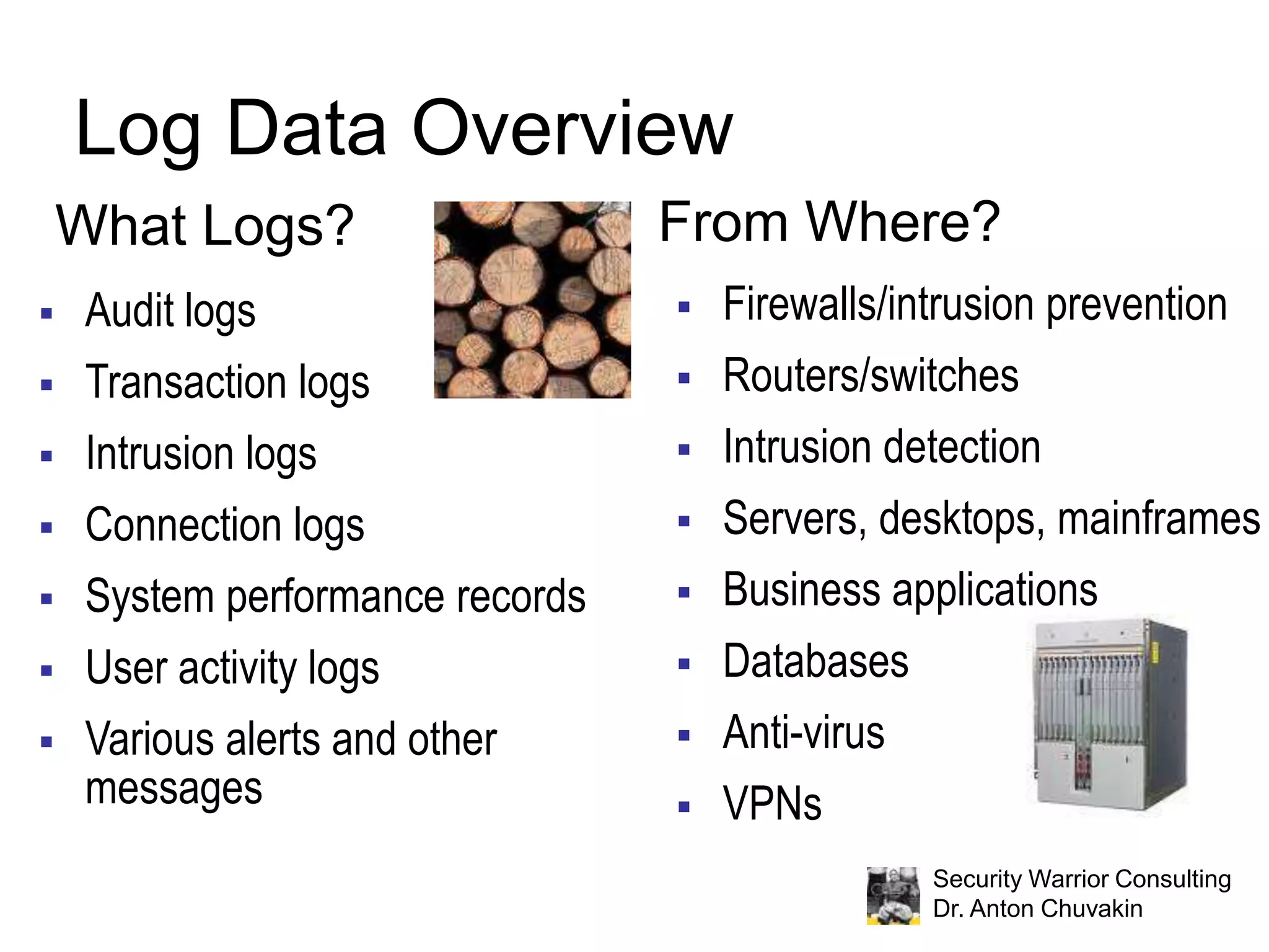 Log Data OverviewFrom Where?What Logs?Firewalls/intrusion prevention