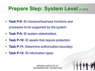 Prepare Step: System Level (1 of 2)
18
NATIONAL INSTITUTE OF
STANDARDS AND TECHNOLOGY
 Task P-8: ID missions/business functions and
processes to be supported by the system
 Task P-9: ID system stakeholders
 Task P-10: ID assets that require protection
 Task P-11: Determine authorization boundary
 Task P-12: ID information types
 