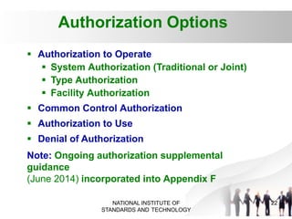 Authorization Options
22
NATIONAL INSTITUTE OF
STANDARDS AND TECHNOLOGY
 Authorization to Operate
 System Authorization (Traditional or Joint)
 Type Authorization
 Facility Authorization
 Common Control Authorization
 Authorization to Use
 Denial of Authorization
Note: Ongoing authorization supplemental
guidance
(June 2014) incorporated into Appendix F
 