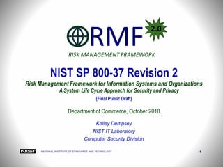 NATIONAL INSTITUTE OF STANDARDS AND TECHNOLOGY 1
Kelley Dempsey
NIST IT Laboratory
Computer Security Division
NIST SP 800-37 Revision 2
Risk Management Framework for Information Systems and Organizations
A System Life Cycle Approach for Security and Privacy
(Final Public Draft)
Department of Commerce, October 2018
RMFRISK MANAGEMENT FRAMEWORK
2.0
 