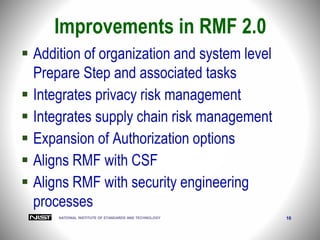 NATIONAL INSTITUTE OF STANDARDS AND TECHNOLOGY 10
Improvements in RMF 2.0
 Addition of organization and system level
Prepare Step and associated tasks
 Integrates privacy risk management
 Integrates supply chain risk management
 Expansion of Authorization options
 Aligns RMF with CSF
 Aligns RMF with security engineering
processes
 