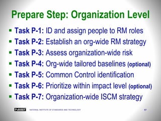 NATIONAL INSTITUTE OF STANDARDS AND TECHNOLOGY 17
Prepare Step: Organization Level
 Task P-1: ID and assign people to RM roles
 Task P-2: Establish an org-wide RM strategy
 Task P-3: Assess organization-wide risk
 Task P-4: Org-wide tailored baselines (optional)
 Task P-5: Common Control identification
 Task P-6: Prioritize within impact level (optional)
 Task P-7: Organization-wide ISCM strategy
 