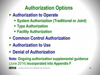 NATIONAL INSTITUTE OF STANDARDS AND TECHNOLOGY 22
Authorization Options
 Authorization to Operate
 System Authorization (Traditional or Joint)
 Type Authorization
 Facility Authorization
 Common Control Authorization
 Authorization to Use
 Denial of Authorization
Note: Ongoing authorization supplemental guidance
(June 2014) incorporated into Appendix F
 