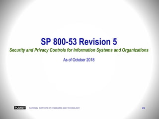 NATIONAL INSTITUTE OF STANDARDS AND TECHNOLOGY 23
SP 800-53 Revision 5
Security and Privacy Controls for Information Systems and Organizations
As of October 2018
 