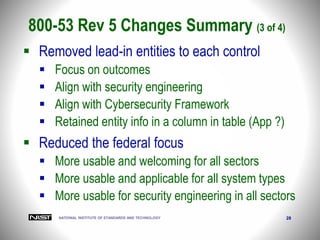 NATIONAL INSTITUTE OF STANDARDS AND TECHNOLOGY 28
 Removed lead-in entities to each control
 Focus on outcomes
 Align with security engineering
 Align with Cybersecurity Framework
 Retained entity info in a column in table (App ?)
 Reduced the federal focus
 More usable and welcoming for all sectors
 More usable and applicable for all system types
 More usable for security engineering in all sectors
800-53 Rev 5 Changes Summary (3 of 4)
 