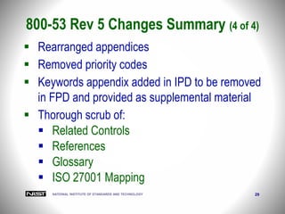 NATIONAL INSTITUTE OF STANDARDS AND TECHNOLOGY 29
 Rearranged appendices
 Removed priority codes
 Keywords appendix added in IPD to be removed
in FPD and provided as supplemental material
 Thorough scrub of:
 Related Controls
 References
 Glossary
 ISO 27001 Mapping
800-53 Rev 5 Changes Summary (4 of 4)
 
