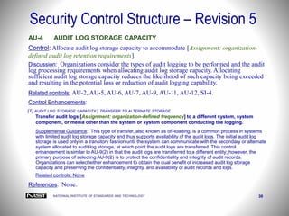 NATIONAL INSTITUTE OF STANDARDS AND TECHNOLOGY 30
Security Control Structure – Revision 5
AU-4 AUDIT LOG STORAGE CAPACITY
Control: Allocate audit log storage capacity to accommodate [Assignment: organization-
defined audit log retention requirements].
Discussion: Organizations consider the types of audit logging to be performed and the audit
log processing requirements when allocating audit log storage capacity. Allocating
sufficient audit log storage capacity reduces the likelihood of such capacity being exceeded
and resulting in the potential loss or reduction of audit logging capability.
Related controls: AU-2, AU-5, AU-6, AU-7, AU-9, AU-11, AU-12, SI-4.
Control Enhancements:
(1) AUDIT LOG STORAGE CAPACITY | TRANSFER TO ALTERNATE STORAGE
Transfer audit logs [Assignment: organization-defined frequency] to a different system, system
component, or media other than the system or system component conducting the logging.
Supplemental Guidance: This type of transfer, also known as off-loading, is a common process in systems
with limited audit log storage capacity and thus supports availability of the audit logs. The initial audit log
storage is used only in a transitory fashion until the system can communicate with the secondary or alternate
system allocated to audit log storage, at which point the audit logs are transferred. This control
enhancement is similar to AU-9(2) in that the audit logs are transferred to a different entity; however, the
primary purpose of selecting AU-9(2) is to protect the confidentiality and integrity of audit records.
Organizations can select either enhancement to obtain the dual benefit of increased audit log storage
capacity and preserving the confidentiality, integrity, and availability of audit records and logs.
Related controls: None
References: None.
 
