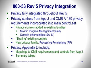 NATIONAL INSTITUTE OF STANDARDS AND TECHNOLOGY 34
 Privacy fully integrated throughout Rev 5
 Privacy controls from App J and OMB A-130 privacy
requirements incorporated into main control set
 Privacy controls added in existing families
 Most in Program Management family
 Some in other families (SA, SI)
 “Sharing” existing controls
 New privacy family: Processing Permissions (PP)
 Privacy Appendix to include:
 Mappings to OMB requirements and controls from App J
 Summary tables
800-53 Rev 5 Privacy Integration
 