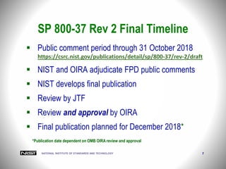 NATIONAL INSTITUTE OF STANDARDS AND TECHNOLOGY 7
 Public comment period through 31 October 2018
https://csrc.nist.gov/publications/detail/sp/800-37/rev-2/draft
 NIST and OIRA adjudicate FPD public comments
 NIST develops final publication
 Review by JTF
 Review and approval by OIRA
 Final publication planned for December 2018*
SP 800-37 Rev 2 Final Timeline
*Publication date dependent on OMB OIRA review and approval
 