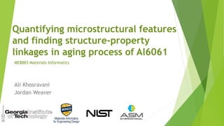 Quantifying microstructural features 
and finding structure-property 
linkages in aging process of Al6061 
ME8883 Materials Informatics 
Ali Khosravani 
Jordan Weaver 
 