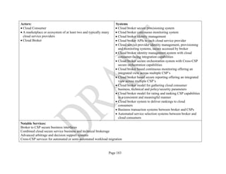 Page 183
Actors:
• Cloud Consumer
• A marketplace or ecosystem of at least two and typically many
cloud service providers
• Cloud Broker
Systems
• Cloud broker secure provisioning system
• Cloud broker continuous monitoring system
• Cloud broker identity management
• Cloud broker APIs to each cloud service provider
• Cloud service provider identity management, provisioning
and monitoring systems, secure accessed by broker
• Cloud broker identity management system with cloud
consumer-facing integration capabilities
• Cloud broker secure orchestration system with Cross-CSP
secure orchestration capabilities
• Cloud broker based continuous monitoring offering an
integrated view across multiple CSP’s
• Cloud broker based secure reporting offering an integrated
view across multiple CSP’s
• Cloud broker model for gathering cloud consumer
business, technical and policy/security parameters
• Cloud broker model for rating and ranking CSP capabilities
in a consistent and meaningful manner
• Cloud broker system to deliver rankings to cloud
consumers
• Business transaction systems between broker and CSPs
• Automated service selection systems between broker and
cloud consumers
Notable Services:
Broker to CSP secure business interfaces
Combined cloud secure service business and technical brokerage
Advanced arbitrage and decision support systems
Cross-CSP services for automated or semi-automated workload migration
 