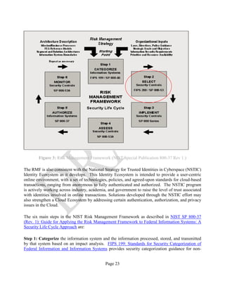 Page 23
Figure 3: Risk Management Framework (NIST Special Publication 800-37 Rev 1.)
The RMF is also consistent with the National Strategy for Trusted Identities in Cyberspace (NSTIC)
Identity Ecosystem as it develops. This Identity Ecosystem is intended to provide a user-centric
online environment, with a set of technologies, policies, and agreed-upon standards for cloud-based
transactions, ranging from anonymous to fully authenticated and authorized. The NSTIC program
is actively working across industry, academia, and government to raise the level of trust associated
with identities involved in online transactions. Solutions developed through the NSTIC effort may
also strengthen a Cloud Ecosystem by addressing certain authentication, authorization, and privacy
issues in the Cloud.
The six main steps in the NIST Risk Management Framework as described in NIST SP 800-37
(Rev. 1): Guide for Applying the Risk Management Framework to Federal Information Systems: A
Security Life Cycle Approach are:
Step 1: Categorize the information system and the information processed, stored, and transmitted
by that system based on an impact analysis. FIPS 199: Standards for Security Categorization of
Federal Information and Information Systems provides security categorization guidance for non-
 