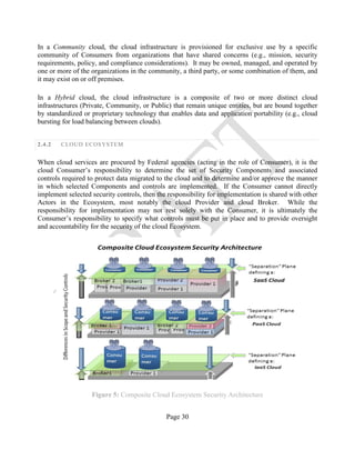 Page 30
In a Community cloud, the cloud infrastructure is provisioned for exclusive use by a specific
community of Consumers from organizations that have shared concerns (e.g., mission, security
requirements, policy, and compliance considerations). It may be owned, managed, and operated by
one or more of the organizations in the community, a third party, or some combination of them, and
it may exist on or off premises.
In a Hybrid cloud, the cloud infrastructure is a composite of two or more distinct cloud
infrastructures (Private, Community, or Public) that remain unique entities, but are bound together
by standardized or proprietary technology that enables data and application portability (e.g., cloud
bursting for load balancing between clouds).
2.4.2 CLOUD ECOSYSTEM
When cloud services are procured by Federal agencies (acting in the role of Consumer), it is the
cloud Consumer’s responsibility to determine the set of Security Components and associated
controls required to protect data migrated to the cloud and to determine and/or approve the manner
in which selected Components and controls are implemented. If the Consumer cannot directly
implement selected security controls, then the responsibility for implementation is shared with other
Actors in the Ecosystem, most notably the cloud Provider and cloud Broker. While the
responsibility for implementation may not rest solely with the Consumer, it is ultimately the
Consumer’s responsibility to specify what controls must be put in place and to provide oversight
and accountability for the security of the cloud Ecosystem.
Figure 5: Composite Cloud Ecosystem Security Architecture
 