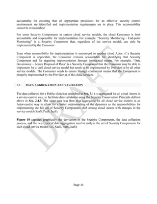 Page 44
accountable for ensuring that all appropriate provisions for an effective security control
environment are identified and implementation requirements are in place. This accountability
cannot be relinquished.
For some Security Components in certain cloud service models, the cloud Consumer is both
accountable and responsible for implementation. For example, “Security Monitoring - End-point
Monitoring” is a Security Component that, regardless of the service model, can only be
implemented by the Consumer.
Even when responsibility for implementation is outsourced to another cloud Actor, if a Security
Component is applicable, the Consumer remains accountable for identifying that Security
Component and for requiring implementation through contractual means. For example, “Data
Governance – Secure Disposal of Data” is a Security Component that the Consumer may be able to
implement for a IaaS cloud service model but needs to be implemented by Provider(s) for all other
service models. The Consumer needs to ensure through contractual means that the Component is
properly implemented by the Provider(s) of the cloud services.
3.2 DATA AGGREGATION AND VALIDATION
The data collected for a Public cloud (as described in Sec. 3.1) is aggregated for all cloud Actors in
a service-centric way, to facilitate data validation using the Security Conservation Principle defined
above in Sec. 2.4.9. The same data was then also aggregated for all cloud service models in an
Actor-centric way to allow for a better understanding of the dynamics as the responsibilities for
implementing the full set of Security Components shift among cloud Actors with changes in the
service model (SaaS, PaaS, IaaS).
Figure 10 captures graphically the derivation of the Security Components, the data collection
process, and the two types of data aggregation used to analyze the set of Security Components for
each cloud service model (i.e., SaaS, PaaS, IaaS).
 