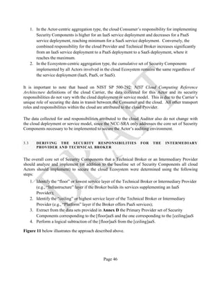 Page 46
1. In the Actor-centric aggregation type, the cloud Consumer’s responsibility for implementing
Security Components is higher for an IaaS service deployment and decreases for a PaaS
service deployment, reaching minimum for a SaaS service deployment. Conversely, the
combined responsibility for the cloud Provider and Technical Broker increases significantly
from an IaaS service deployment to a PaaS deployment to a SaaS deployment, where it
reaches the maximum.
2. In the Ecosystem-centric aggregation type, the cumulative set of Security Components
implemented by all Actors involved in the cloud Ecosystem remains the same regardless of
the service deployment (IaaS, PaaS, or SaaS).
It is important to note that based on NIST SP 500-292: NIST Cloud Computing Reference
Architecture definitions of the cloud Carrier, the data collected for this Actor and its security
responsibilities do not vary with the cloud deployment or service model. This is due to the Carrier’s
unique role of securing the data in transit between the Consumer and the cloud. All other transport
roles and responsibilities within the cloud are attributed to the cloud Provider.
The data collected for and responsibilities attributed to the cloud Auditor also do not change with
the cloud deployment or service model, since the NCC-SRA only addresses the core set of Security
Components necessary to be implemented to secure the Actor’s auditing environment.
3.3 DERIVING THE SECURITY RESPONSIBILITIES FOR THE INTERMEDIARY
PROVIDER AND TECHNICAL BROKER
The overall core set of Security Components that a Technical Broker or an Intermediary Provider
should analyze and implement (in addition to the baseline set of Security Components all cloud
Actors should implement) to secure the cloud Ecosystem were determined using the following
steps:
1. Identify the “floor” or lowest service layer of the Technical Broker or Intermediary Provider
(e.g., “Infrastructure” layer if the Broker builds its services supplementing an IaaS
Provider);
2. Identify the “ceiling” or highest service layer of the Technical Broker or Intermediary
Provider (e.g., “Platform” layer if the Broker offers PaaS services);
3. Extract from the data sets provided in Annex D the Primary Provider set of Security
Components corresponding to the [floor]aaS and the one corresponding to the [ceiling]aaS
4. Perform a logical subtraction of the [floor]aaS from the [ceiling]aaS.
Figure 11 below illustrates the approach described above.
 