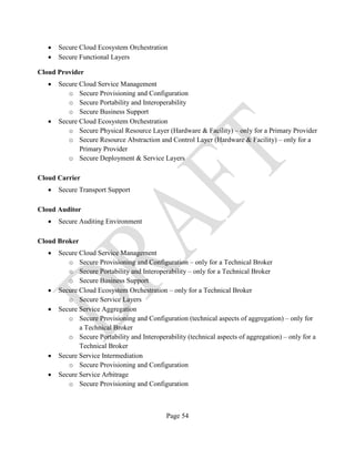 Page 54
• Secure Cloud Ecosystem Orchestration
• Secure Functional Layers
Cloud Provider
• Secure Cloud Service Management
o Secure Provisioning and Configuration
o Secure Portability and Interoperability
o Secure Business Support
• Secure Cloud Ecosystem Orchestration
o Secure Physical Resource Layer (Hardware & Facility) – only for a Primary Provider
o Secure Resource Abstraction and Control Layer (Hardware & Facility) – only for a
Primary Provider
o Secure Deployment & Service Layers
Cloud Carrier
• Secure Transport Support
Cloud Auditor
• Secure Auditing Environment
Cloud Broker
• Secure Cloud Service Management
o Secure Provisioning and Configuration – only for a Technical Broker
o Secure Portability and Interoperability – only for a Technical Broker
o Secure Business Support
• Secure Cloud Ecosystem Orchestration – only for a Technical Broker
o Secure Service Layers
• Secure Service Aggregation
o Secure Provisioning and Configuration (technical aspects of aggregation) – only for
a Technical Broker
o Secure Portability and Interoperability (technical aspects of aggregation) – only for a
Technical Broker
• Secure Service Intermediation
o Secure Provisioning and Configuration
• Secure Service Arbitrage
o Secure Provisioning and Configuration
 
