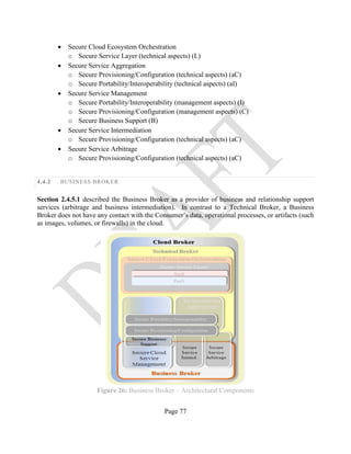 Page 77
• Secure Cloud Ecosystem Orchestration
o Secure Service Layer (technical aspects) (L)
• Secure Service Aggregation
o Secure Provisioning/Configuration (technical aspects) (aC)
o Secure Portability/Interoperability (technical aspects) (aI)
• Secure Service Management
o Secure Portability/Interoperability (management aspects) (I)
o Secure Provisioning/Configuration (management aspects) (C)
o Secure Business Support (B)
• Secure Service Intermediation
o Secure Provisioning/Configuration (technical aspects) (aC)
• Secure Service Arbitrage
o Secure Provisioning/Configuration (technical aspects) (aC)
4.4.2 BUSINESS BROKER
Section 2.4.5.1 described the Business Broker as a provider of business and relationship support
services (arbitrage and business intermediation). In contrast to a Technical Broker, a Business
Broker does not have any contact with the Consumer’s data, operational processes, or artifacts (such
as images, volumes, or firewalls) in the cloud.
Figure 26: Business Broker – Architectural Components
 