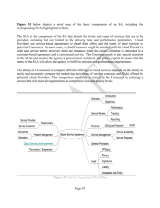 Page 97
Figure 33 below depicts a mind map of the basic components of an SA, including the
corresponding SLA (highlighted in blue).
The SLA is the component of the SA that details the levels and types of services that are to be
provided, including but not limited to the delivery time and performance parameters. Cloud
Providers use service-based agreements to detail their offers and the terms of their services to
potential Consumers. In some cases, a cloud Consumer might be satisfied with the cloud Provider’s
offer and service terms: however, there are instances when the cloud Consumer is interested in a
customer-based agreement and a customized service. The Consumer needs to pay special attention
to the SLAs and involve the agency’s procurement, technical, and policy experts to ensure that the
terms of the SLA will allow the agency to fulfill its mission and performance requirements.
The ability of a Consumer to compare different offerings of cloud services depends on the ability to
easily and accurately compare the underlying provisions of varying contracts and SLAs offered by
potential cloud Providers. This comparison capability is critical to the Consumer in selecting a
service that will meet all requirements at competitive cost and quality levels.
Figure 33: Service Agreement Mind Map
 