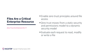 Files Are a Critical
Enterprise Resource
Zero Trust Architecture for IT
▪ Enable zero trust principles around file
access
▪ Zero trust moves from a static security
and permissions model to a dynamic
security model
▪ Evaluate each request to read, modify
or write a file
 