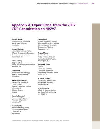 The National Intimate Partner and Sexual Violence Survey | 2010 Summary Report 99 
Appendix A: Expert Panel from the 2007 
CDC Consultation on NISVS3 
Antonia AbbeyDepartment of PsychologyWayne State UniversityDetroit, MI 
Bernard AuchterSenior Social Science AnalystOffice of Research and EvaluationNational Institute of JusticeWashington, DC 
Elaine CassidyProgram OfficerRobert Wood Johnson FoundationPrinceton, NJ 
Sarah CookDepartment of PsychologyGeorgia State UniversityAtlanta, GA 
Walter S. DeKeseredyCriminology, Justice and Policy StudiesUniversity of Ontario Institute of TechnologyOshawa, OntarioCanada 
Diane FollingstadDepartment of PsychiatryUniversity of KentuckyLexington, KY 
Sherry HambyDepartment of PsychologySewanee: The University of the SouthSewanee, TN 
David LloydOffice of the Deputy Assistant Secretary of Defense for Military Community and Family PolicyDepartment of DefenseWashington, DC 
Angela MooreDivision Director Justice Systems ResearchNational Institute of JusticeWashington, DC 
Rebecca K. OdorDirectorSexual and Domestic Violence PreventionVirginia Department of HealthRichmond, VA 
K. Daniel O’LearyDepartment of PsychologyStony Brook UniversityStony Brook, NY 
Brian SpitzbergSchool of CommunicationSan Diego State UniversitySan Diego, CA 
3Affiliations listed for panel members are based on affiliation at the time of the 2007 expert panel consultation.  
