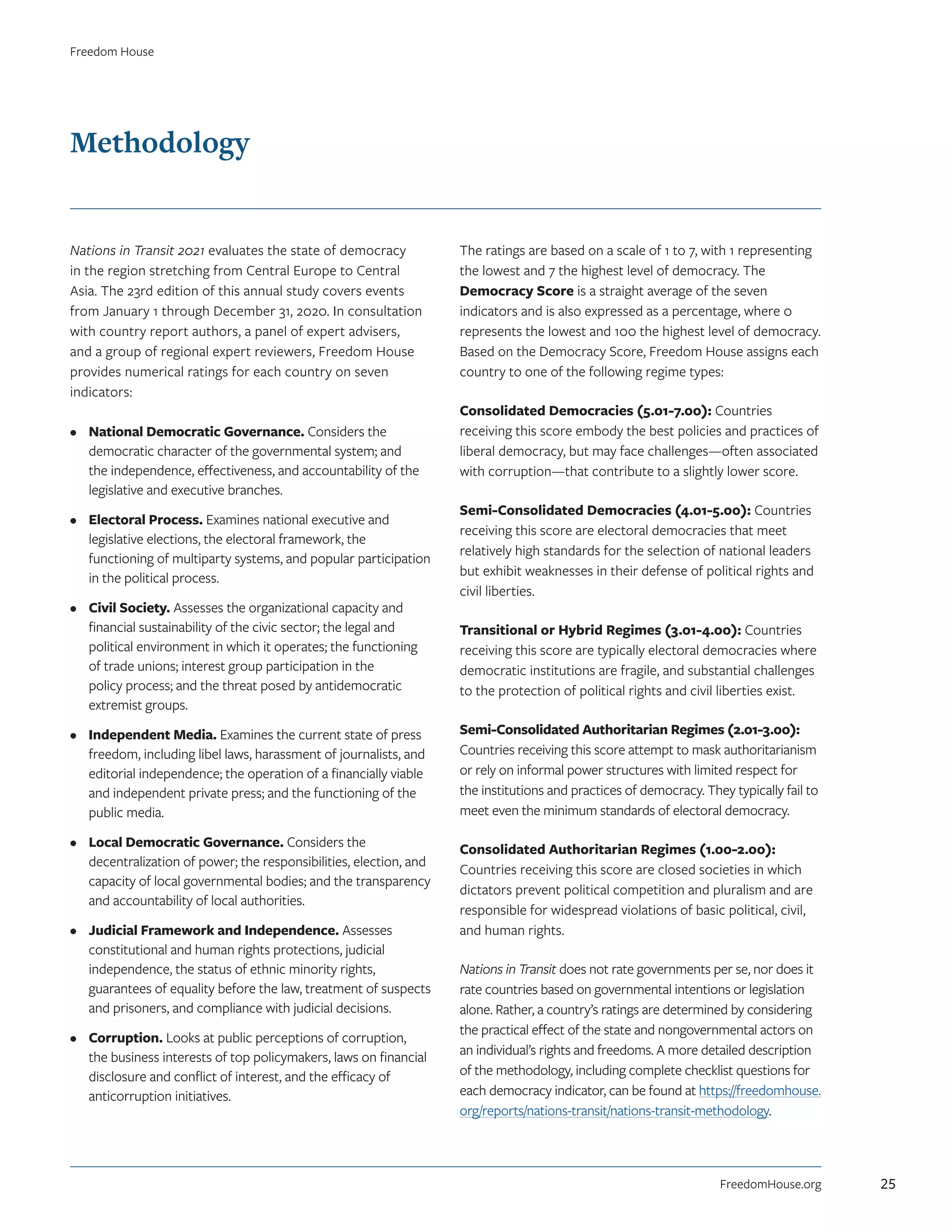 Methodology
Nations in Transit 2021 evaluates the state of democracy
in the region stretching from Central Europe to Central
Asia. The 23rd edition of this annual study covers events
from January 1 through December 31, 2020. In consultation
with country report authors, a panel of expert advisers,
and a group of regional expert reviewers, Freedom House
provides numerical ratings for each country on seven
indicators:
•	 National Democratic Governance. Considers the
democratic character of the governmental system; and
the independence, effectiveness, and accountability of the
legislative and executive branches.
•	 Electoral Process. Examines national executive and
legislative elections, the electoral framework, the
functioning of multiparty systems, and popular participation
in the political process.
•	 Civil Society. Assesses the organizational capacity and
financial sustainability of the civic sector; the legal and
political environment in which it operates; the functioning
of trade unions; interest group participation in the
policy process; and the threat posed by antidemocratic
extremist groups.
•	 Independent Media. Examines the current state of press
freedom, including libel laws, harassment of journalists, and
editorial independence; the operation of a financially viable
and independent private press; and the functioning of the
public media.
•	 Local Democratic Governance. Considers the
decentralization of power; the responsibilities, election, and
capacity of local governmental bodies; and the transparency
and accountability of local authorities.
•	 Judicial Framework and Independence. Assesses
constitutional and human rights protections, judicial
independence, the status of ethnic minority rights,
guarantees of equality before the law, treatment of suspects
and prisoners, and compliance with judicial decisions.
•	 Corruption. Looks at public perceptions of corruption,
the business interests of top policymakers, laws on financial
disclosure and conflict of interest, and the efficacy of
anticorruption initiatives.
The ratings are based on a scale of 1 to 7, with 1 representing
the lowest and 7 the highest level of democracy. The
Democracy Score is a straight average of the seven
indicators and is also expressed as a percentage, where 0
represents the lowest and 100 the highest level of democracy.
Based on the Democracy Score, Freedom House assigns each
country to one of the following regime types:
Consolidated Democracies (5.01-7.00): Countries
receiving this score embody the best policies and practices of
liberal democracy, but may face challenges—often associated
with corruption—that contribute to a slightly lower score.
Semi-Consolidated Democracies (4.01-5.00): Countries
receiving this score are electoral democracies that meet
relatively high standards for the selection of national leaders
but exhibit weaknesses in their defense of political rights and
civil liberties.
Transitional or Hybrid Regimes (3.01-4.00): Countries
receiving this score are typically electoral democracies where
democratic institutions are fragile, and substantial challenges
to the protection of political rights and civil liberties exist.
Semi-Consolidated Authoritarian Regimes (2.01-3.00):
Countries receiving this score attempt to mask authoritarianism
or rely on informal power structures with limited respect for
the institutions and practices of democracy. They typically fail to
meet even the minimum standards of electoral democracy.
Consolidated Authoritarian Regimes (1.00-2.00):
Countries receiving this score are closed societies in which
dictators prevent political competition and pluralism and are
responsible for widespread violations of basic political, civil,
and human rights.
Nations in Transit does not rate governments per se, nor does it
rate countries based on governmental intentions or legislation
alone. Rather, a country’s ratings are determined by considering
the practical effect of the state and nongovernmental actors on
an individual’s rights and freedoms. A more detailed description
of the methodology, including complete checklist questions for
each democracy indicator, can be found at https://freedomhouse.
org/reports/nations-transit/nations-transit-methodology.
FreedomHouse.org
Freedom House
25
 