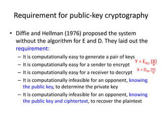 Requirement for public-key cryptography
• Diffie and Hellman (1976) proposed the system
without the algorithm for E and D. They laid out the
requirement:
– It is computationally easy to generate a pair of keys
– It is computationally easy for a sender to encrypt
– It is computationally easy for a receiver to decrypt
– It is computationally infeasible for an opponent, knowing
the public key, to determine the private key
– It is computationally infeasible for an opponent, knowing
the public key and ciphtertext, to recover the plaintext
Y = EKU (X)b
X = DKR (Y)
b
 
