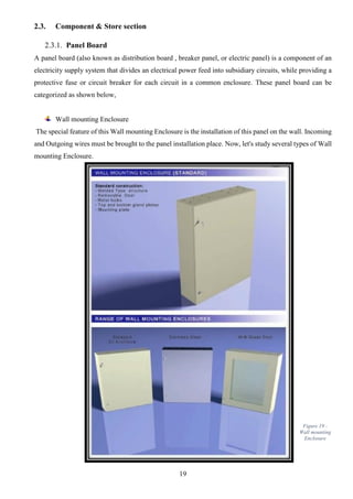 19
2.3. Component & Store section
2.3.1. Panel Board
A panel board (also known as distribution board , breaker panel, or electric panel) is a component of an
electricity supply system that divides an electrical power feed into subsidiary circuits, while providing a
protective fuse or circuit breaker for each circuit in a common enclosure. These panel board can be
categorized as shown below,
Wall mounting Enclosure
The special feature of this Wall mounting Enclosure is the installation of this panel on the wall. Incoming
and Outgoing wires must be brought to the panel installation place. Now, let's study several types of Wall
mounting Enclosure.
Figure 19 -
Wall mounting
Enclosure
 