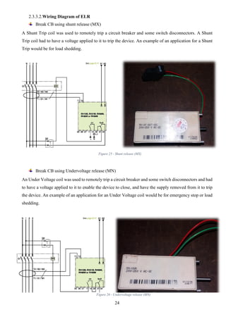 24
2.3.3.2.Wiring Diagram of ELR
Break CB using shunt release (MX)
A Shunt Trip coil was used to remotely trip a circuit breaker and some switch disconnectors. A Shunt
Trip coil had to have a voltage applied to it to trip the device. An example of an application for a Shunt
Trip would be for load shedding.
Break CB using Undervoltage release (MN)
An Under Voltage coil was used to remotely trip a circuit breaker and some switch disconnectors and had
to have a voltage applied to it to enable the device to close, and have the supply removed from it to trip
the device. An example of an application for an Under Voltage coil would be for emergency stop or load
shedding.
Figure 25 - Shunt release (MX)
Figure 26 - Undervoltage release (MN)
 
